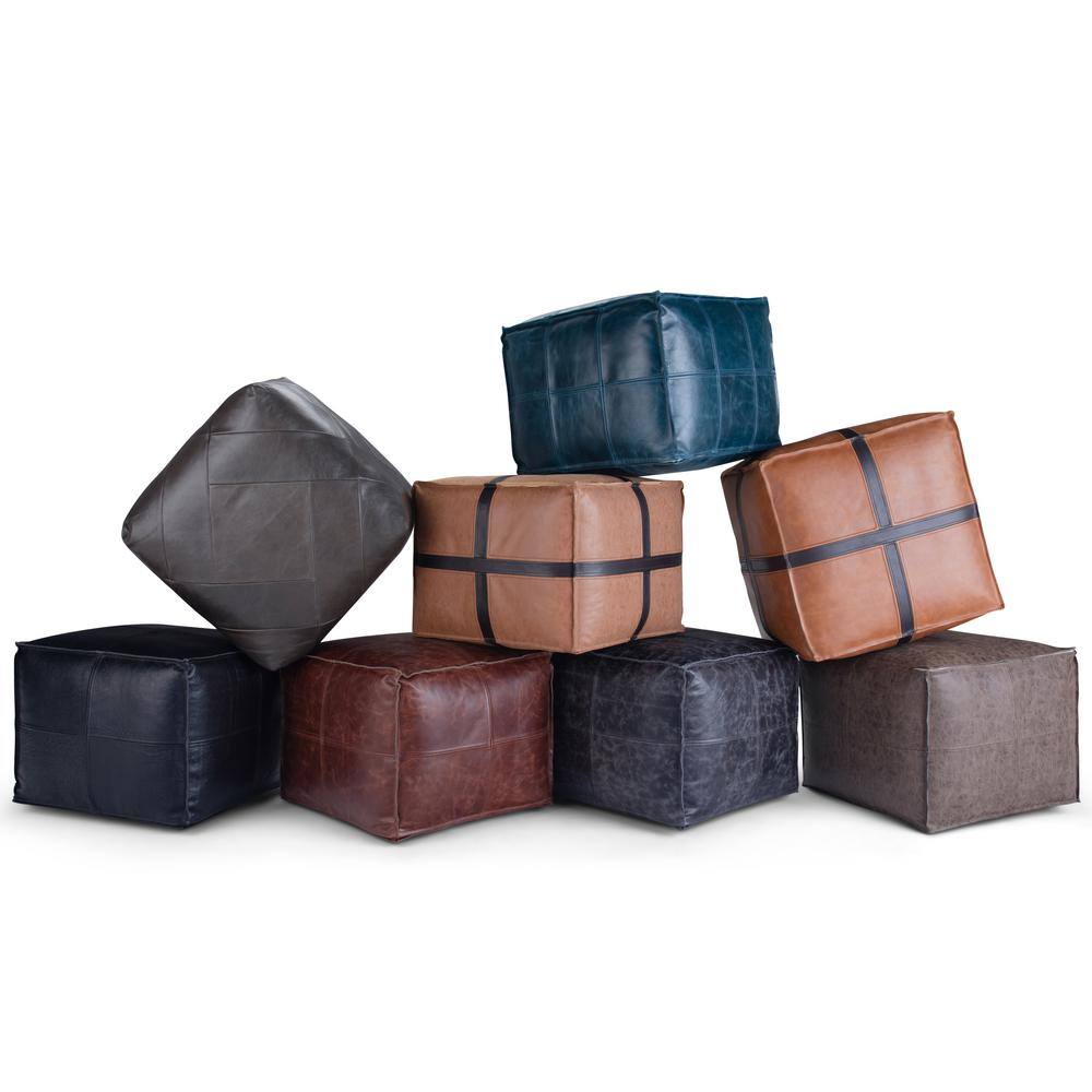 Teal Genuine Leather Square Pouf with Engineered Wood Frame