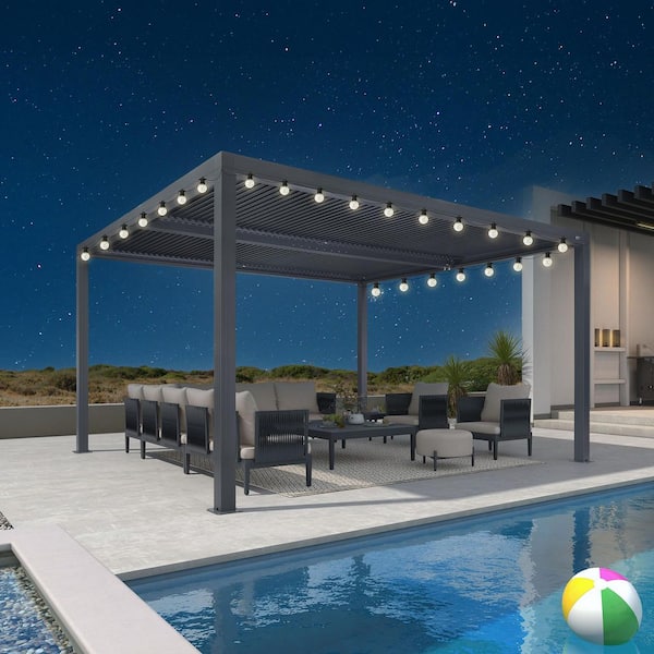 12 ft. x 14 ft. Gray Aluminum Frame Outdoor Louvered Pergola with Adjustable Sunshade Roof and Solar String Lights