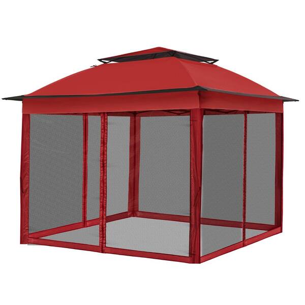 COOS BAY 11 ft. x 11 ft. Red Steel Pop-Up Gazebo with Mosquito Netting ...