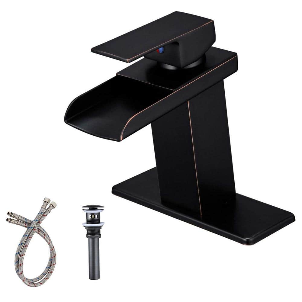 Waterfall Single Hole Single-Handle Low-Arc Bathroom Faucet with Pop-up Dra