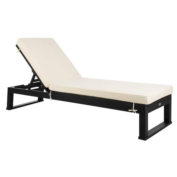 SAFAVIEH Solano Black 1-Piece Wood Outdoor Chaise Lounge Chair with White Cushion