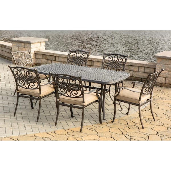 Hanover Traditions 7-Piece Aluminum Outdoor Dining Set with Natural Oat Cushions