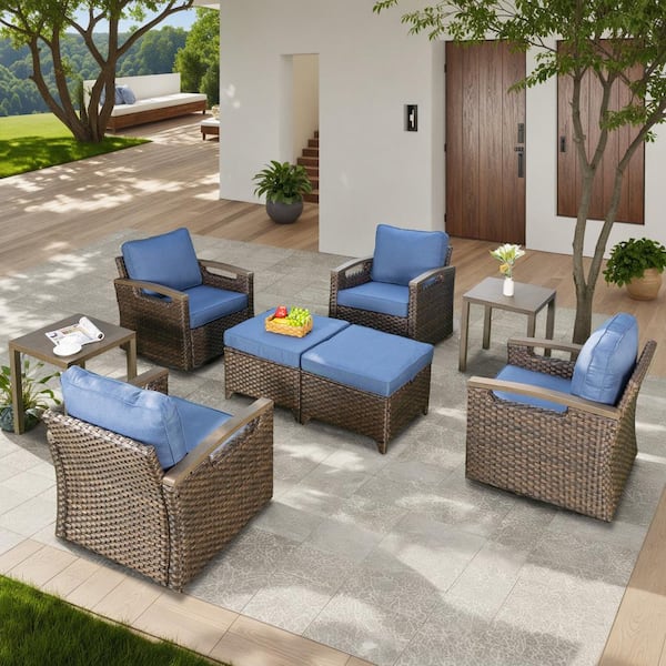 8-Piece Wicker Patio Conversation Set with Blue Cushions