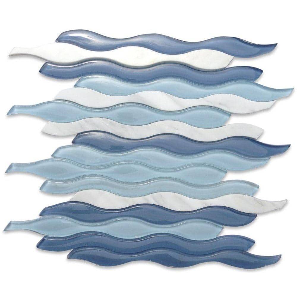 Blue and White Wavy Glass Mosaic Tile