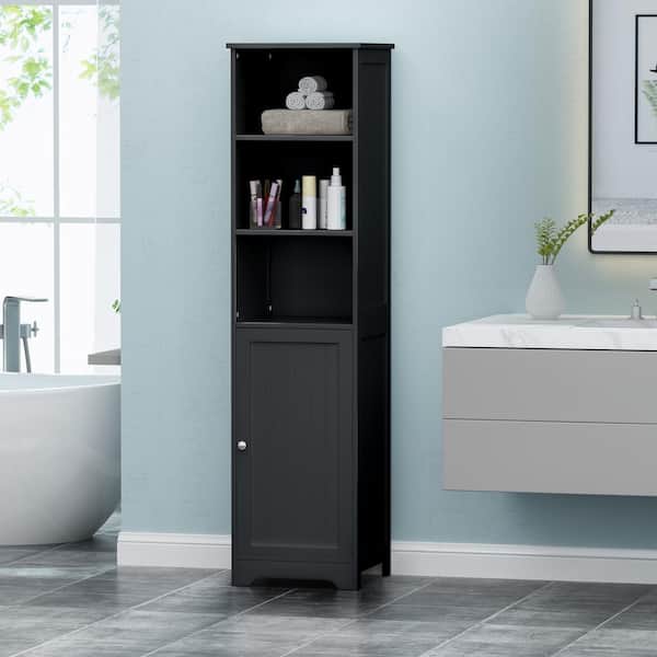 15.75 in. W x 15.00 in. D x 63.00 in. H Black MDF Freestanding Bathroom Linen Cabinet, Moisture-proof