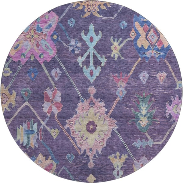 Mayfield Premium Machine Washable Abstract AMF2234 Eggplant 8 ft. x 8 ft. Round Rug