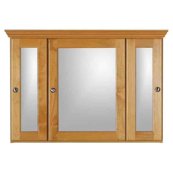 Ultraline 36 in. W x 27 in. H x 6-1/2 in. D Framed Tri-View Surface-Mount Bathroom Medicine Cabinet in Natural Alder