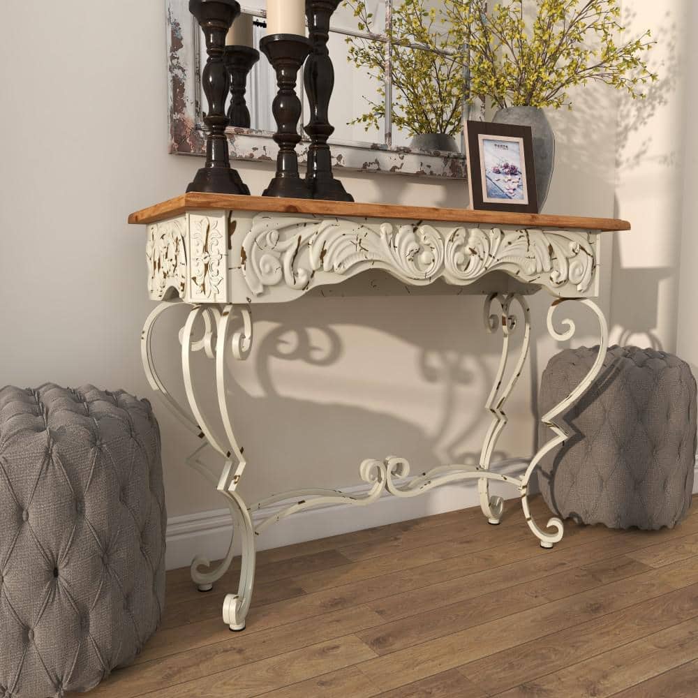 French Provincial White Metal Scroll Console Table with Fir Wood Top