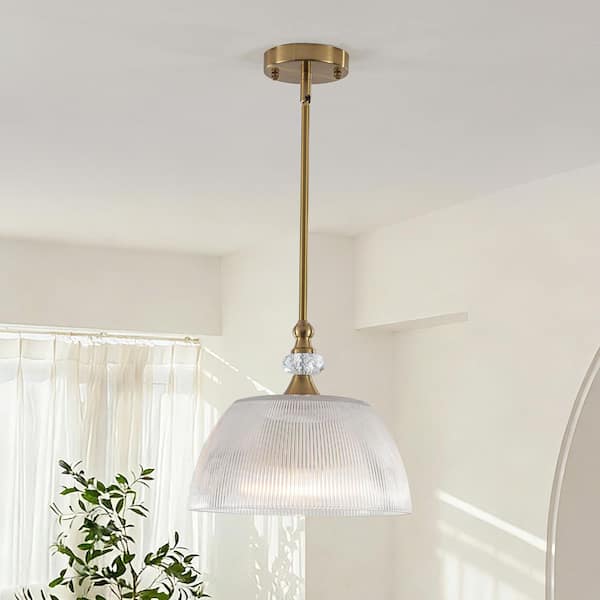 1-Light Gold Modern Farmhouse Pendant Light with Ribbed Glass Shade