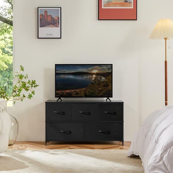 Black 5 Drawer 39.4 in. W Fabric Storage Tower Dresser Wooden Top without Mirror for Kid Room, Closet, Entryway, Nursery
