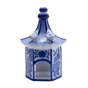 12 in. Floral Decorative Ceramic Birdhouse in Blue and White