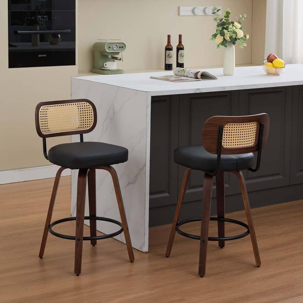 Topower Set Of 2 Industrial Bar Stools - Adjustable Height Swivel Stools With Wood Seat, Black