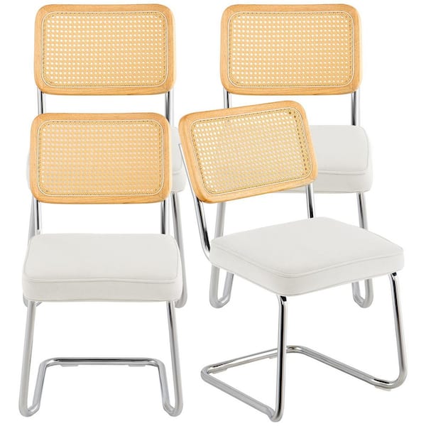 SKYSHALO Rattan Dining Chairs, Upholstered Velvet Accent Chair with Rattan Back, Retro Dining Room Kitchen Chair (Set of 4)