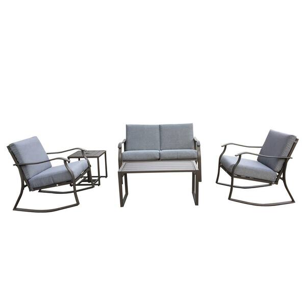 URTR Brown 5-Piece Patio Furniture Set Outdoor Patio Conversation Set Steel Rocking Chairs and Table Set with Gray Cushion