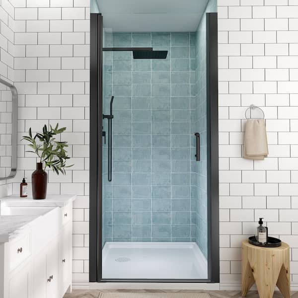 32 to 33-1/4 in. H Pivot Swing Frameless Shower Door in Black with Clear Glass