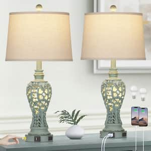 25.2 in. Bluish- Green Resin Table Lamp Set with USB, Type-C Ports and AC-Outlet (Set of 2)