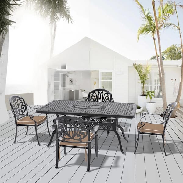 Elizabeth Black 5-Piece Cast Aluminum Outdoor Dining Set with Rectangle Table and Dining Chairs and Random Color Cushion