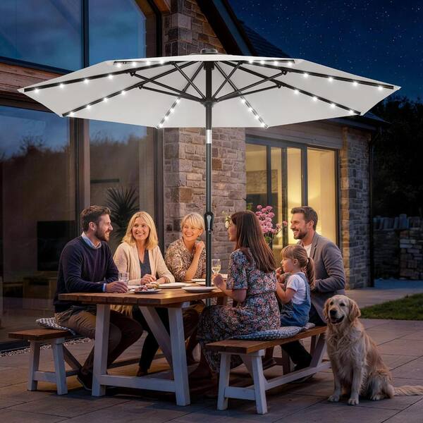 9 foot solar patio umbrella Square LED Lighted w/ Woodgrain Pattern 32 LED bulb lights are set into the ribs of the umbrella to create a romantic mood at night after storing solar energy during the day Costway 9 ft. Solar LED