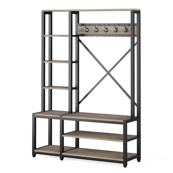 Tribesigns Hiers Wood 4-in-1 Entryway Hall Tree, Storage Shelving with Shoe Bench, Gray, 47.2 in. L x 15.7 in. W x 70.9 in. H