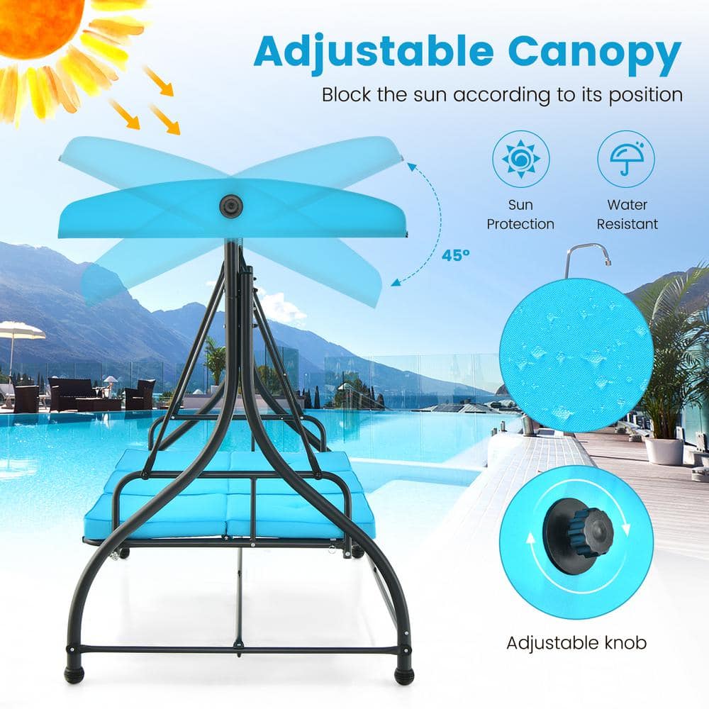 Sky Blue 3-Seat Outdoor Swing with Adjustable Canopy