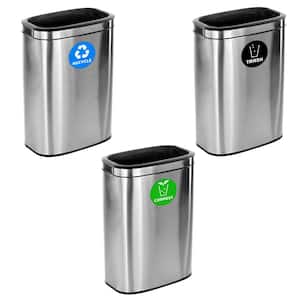 10.5 Gal. Stainless Steel Rectangular Liner Touchless Open Top Compost Recycling and Trash Can (3-Pack)