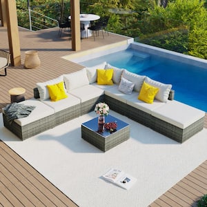 8-Piece Gray Wicker Outdoor Sectional Set with Beige Cushions
