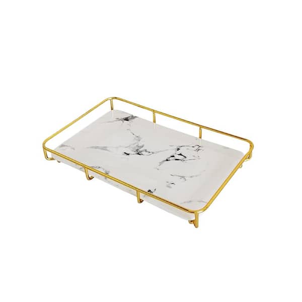 1 Tier Countertop Vanity Tray Organizer in Gold Stainless Steel and Marble Print for Bathroom Skincare Storage