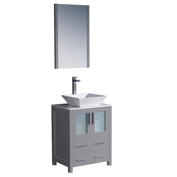 Fresca Torino 24 in. Bath Vanity in Gray with Glass Stone Vanity Top in White with White Vessel Sink and Mirror