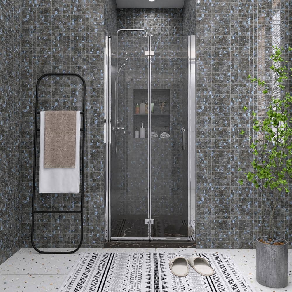 32 in. W x 72 in. H Bi-Fold Semi-Frameless Shower Door in Chrome Finish wit