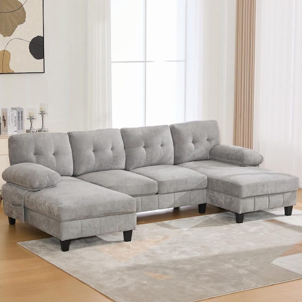 103.5 in. Pillow Top Arm Chenille U-Shaped Sectional Sofa with Dual Chaise Lounges and Storage Pockets in. Gray