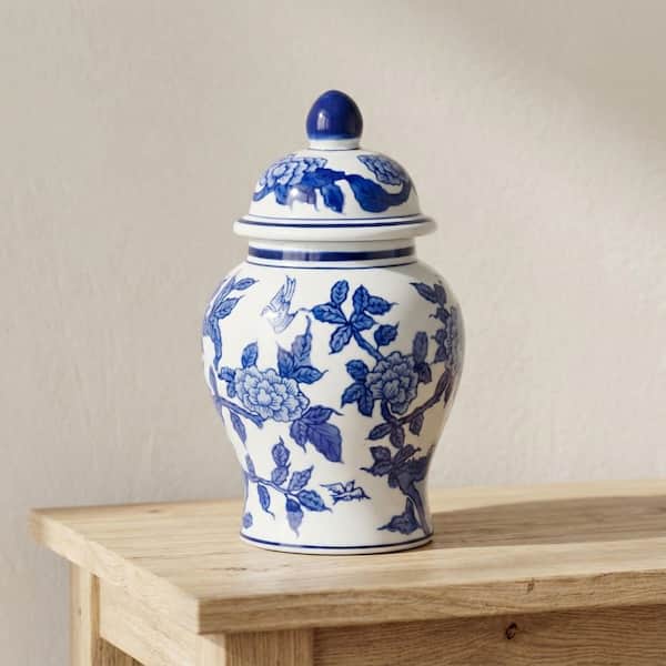 8 in. Blue and White Chinoiserie Floral Temple Jar
