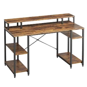 55 in. Rustic Brown Computer Desk with Monitor Stand and Adjustable Storage Shelves