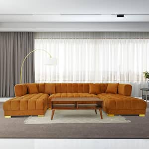 Victoria 141.8 in. Square Arm 3-Piece Modern U-Shaped Velvet Sectional Sofa in Cognac