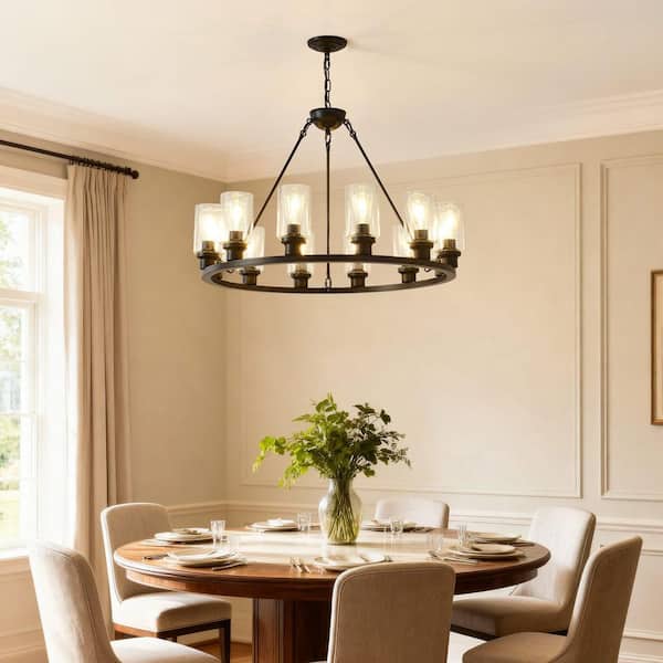 Axis 12-Light Black Wagon Wheel Chandelier withSeeded Glass Pendant Lighting for Dining Room