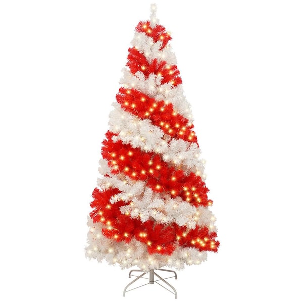 6 ft. Artificial Christmas Tree with 300 LED Lights and 900 Bendable Branches, Candy Cane Christmas Tree