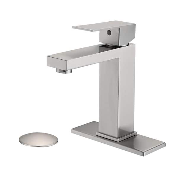 PROOX Single-Handle Single Hole Bathroom Faucet with Deck Plate and Drain Assembly in Brushed Nickel