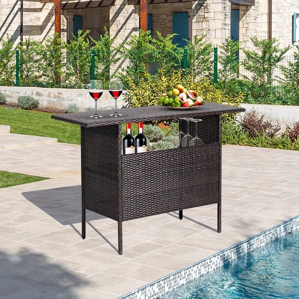 Brown Steel and Wicker Outdoor Bar Table with Shelves
