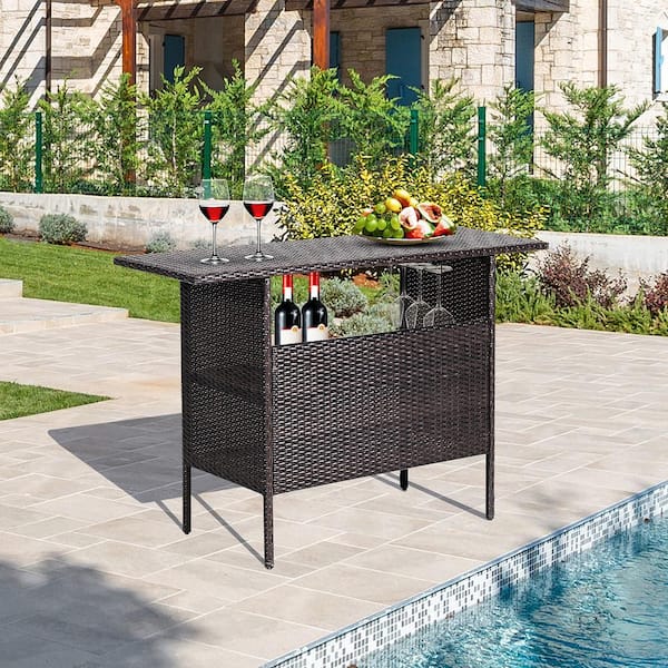 Plastic Wicker Outdoor Bar with Counter Table Shelves