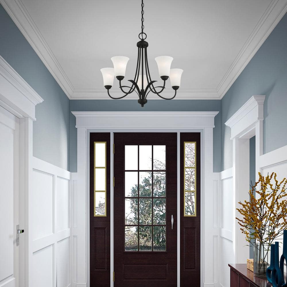 Elegant Transitional 5-Light Chandelier in Black with Satin Opal White Glass