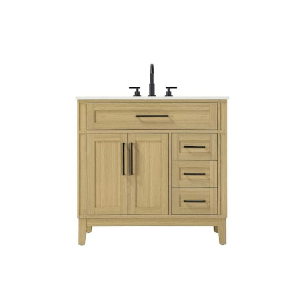 36 in. Single Sink Freestanding Honey Brown Bath Vanity with Marble White Engineered Marble Top