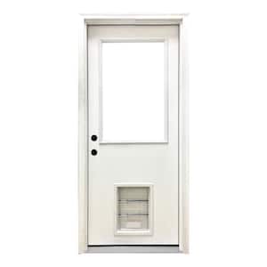 30 in. x 80 in. Reliant Series Clear Half Lite RHIS White Primed Fiberglass Prehung Back Door with Large Pet Door
