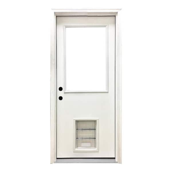 Steves & Sons 32 in. x 80 in. Reliant Series Clear Half Lite RHIS White Primed Fiberglass Prehung Front Door with Large Pet Door