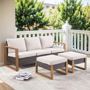 Brown 3-Piece Wicker Outdoor Couch with Beige Cushions