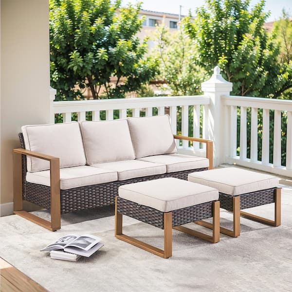 Gymojoy Allcot Brown 4-Piece Wicker Patio Couch Outdoor Sectional Sofa Set with Deep Seating and Beige Cushionswith Ottomans