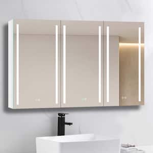 60 in. W x 30 in. H Frameless LED 3-Door Recessed or Surface Mount Medicine Cabinet in White Aluminum for Bathroom