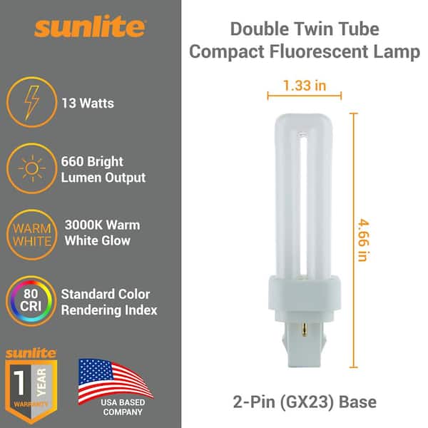 Sunlite 40W Compact Fluorescent Twin Tube Bulbs – 3000K Warm White, 3150 Lumens, 2G11 Base, 4-Pin, 10-Pack