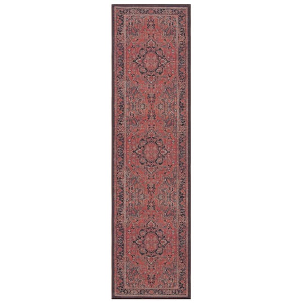 Journey Navy/Red 2 ft. x 13 ft. Machine Washable Floral Medallion Runner Rug