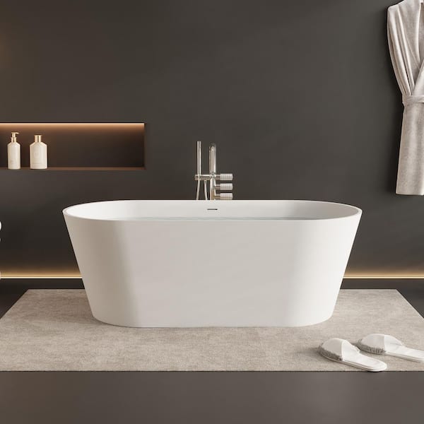 65 in. x 29.5 in. Stone Resin Flatbottom Solid Surface Freestanding Double Slipper Soaking Bathtub in White