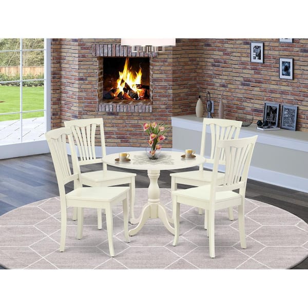 East West Furniture 5-Piece Linen White Finish Solid Wood Top Dining table with 4 Chairs with Drop Leaf Slat Back