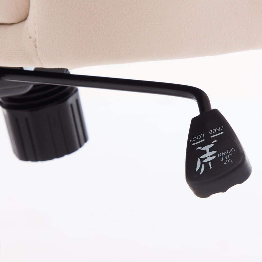 Close-up of the height adjustment mechanism and lock lever on a chair.
